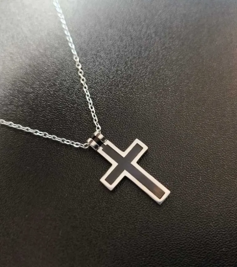 2 delt Kors med kæde, sølv og sort
