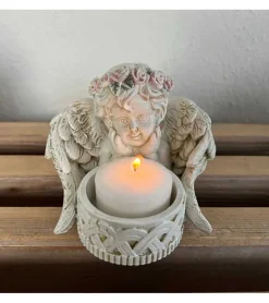 Engel med stage til fyrfadslys, Antik hvid