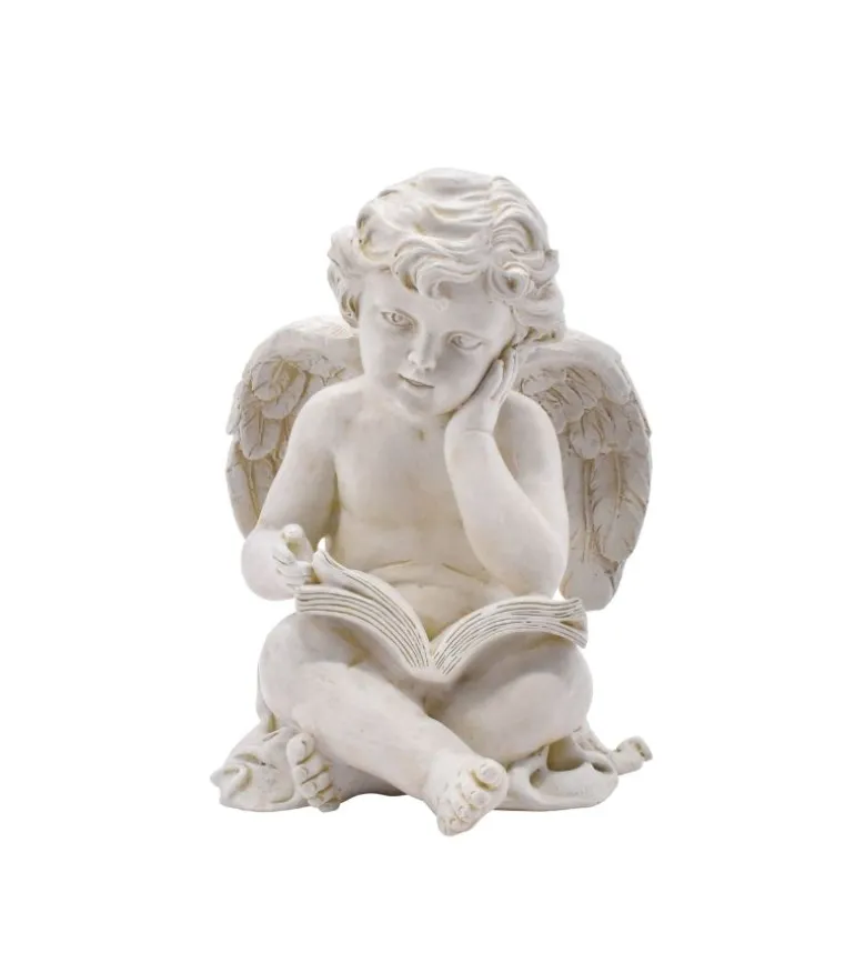 Gravpynt, engel siddende med bog.