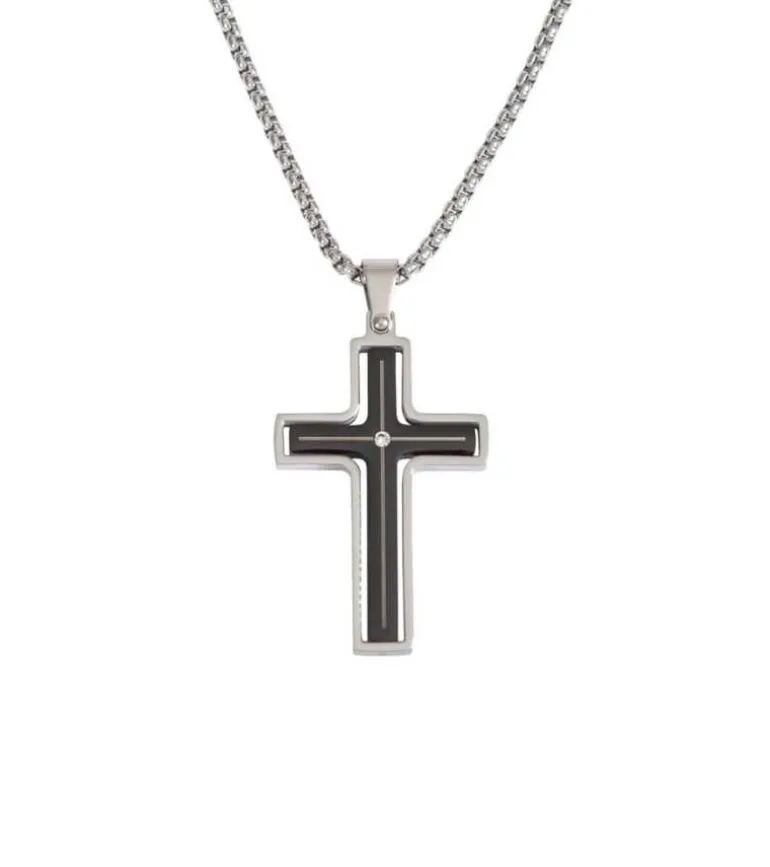 Kors med kæde, sølv og sort med rhinsten