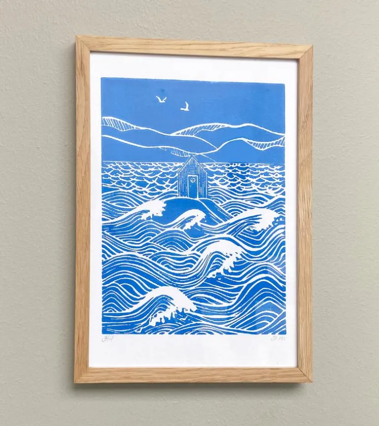 Linoleumstryk: Han gemmer mig i sin hytte, A4 Plakat, Blå