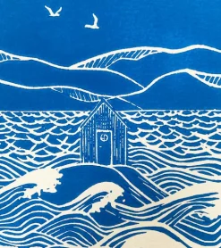 Linoleumstryk: Han gemmer mig i sin hytte, A4 Plakat, Blå