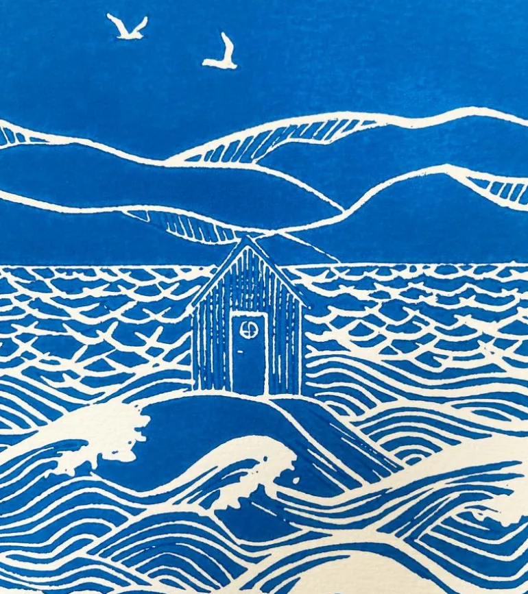 Linoleumstryk: Han gemmer mig i sin hytte, A4 Plakat, Blå