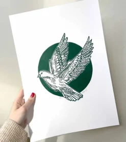 Linoleumstryk, Håbefugl, Grøn, A3 Plakat