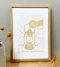 Linoleumstryk: Hold håbet op, A4 Plakat, Guld