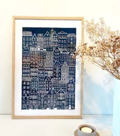 Linoleumstryk: I min faders hus er der mange boliger, A3 Plakat, Mørkeblå