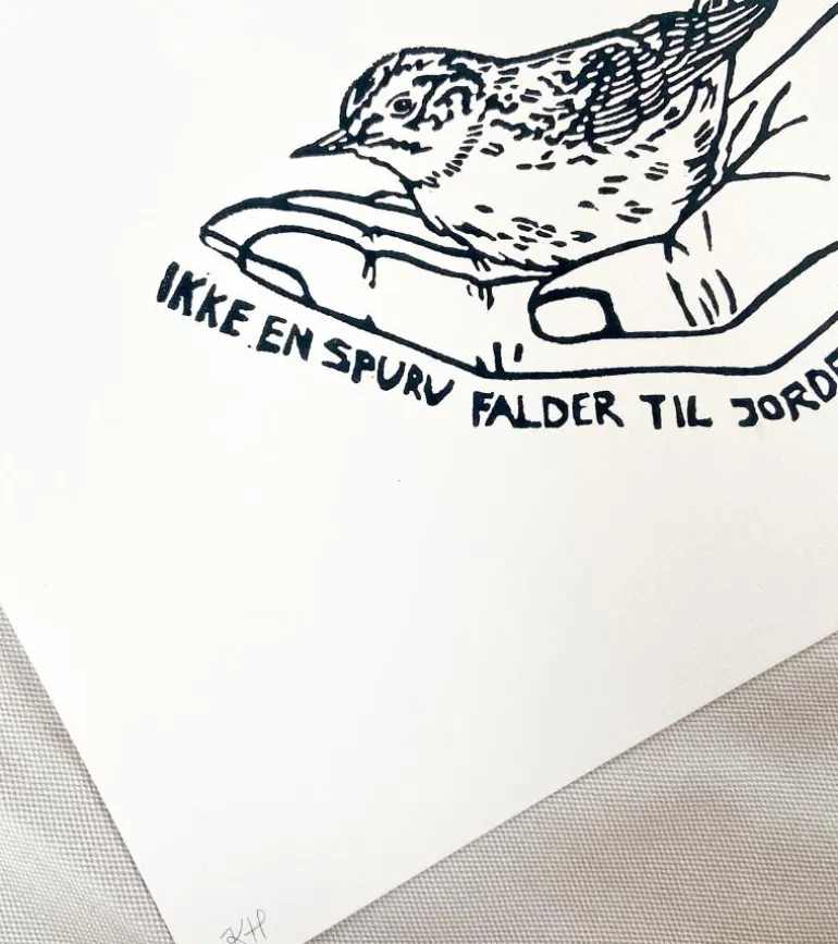 Linoleumstryk: Ikke en spurv, A4 Plakat, Sort