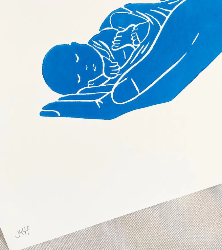 Linoleumstryk: Lille Guds barn, A4 Plakat, Blå