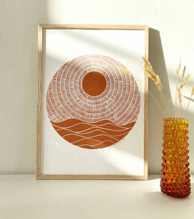 Linoleumstryk, Se nu stiger solen, Okker, A3 Plakat