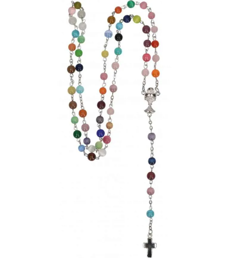 Rosenkrans m. farverige perler, kalk og kors