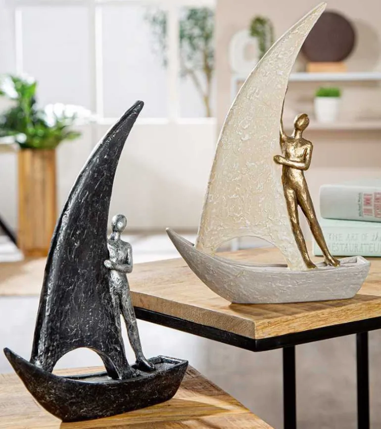 Skulptur, Båd med menneske, Mørk, 29 cm